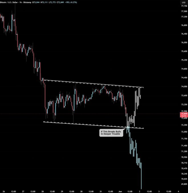 The image features a black and white chart that displays an upward trend of cryptocurrency prices over time, specifically Bitcoin, reaching seven US dollars per dollar. A price breakdown line is visible as well, showing the exact percentage change for each day from January 1st through December 31st, 2011. The post suggests that if Bitcoin breaks this channel, bulls will be in deeper trouble due to the sudden drop in value.