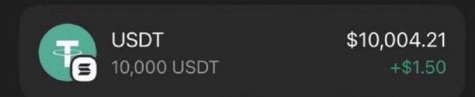 A cryptocurrency portfolio entry showing USDT (Tether) with a balance of 10,000 USDT valued at $10,004.21, displaying a gain of +$1.50.