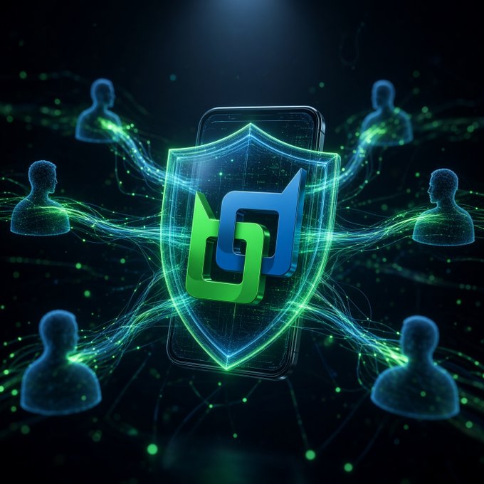 A digital illustration showing a glowing green and blue shield with a stylized 'H' logo in front of a smartphone, surrounded by glowing user silhouettes and flowing energy lines on a dark background.