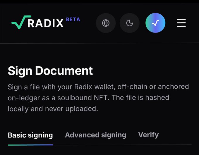 A screenshot of the Radix (Beta) website showing a 'Sign Document' page with options for Basic signing, Advanced signing, and Verify.