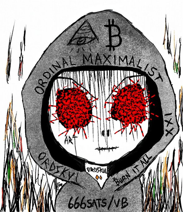 A dark, stylized digital artwork of a hooded figure with blood-red scribbled eyes, featuring text including 'ORDINAL MAXIMALIST', 'ORDYKIDS', '666 SATS/VB', and 'BURN IT ALL'.