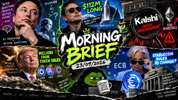 A digital news collage titled 'Morning Brief 23/09/2026' displays various headlines and images including Elon Musk, Donald Trump, and references to Kalshi, SpaceX, AI, crypto, and markets.