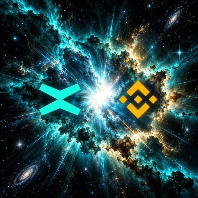 Two cryptocurrency logos—the teal XRP symbol and the gold Binance (BNB) emblem—face off against a dramatic cosmic nebula backdrop of swirling teal and amber clouds with a radiant burst of light between them.

The imagery symbolizes the renewed partnership and resumed connectivity between XRP and Binance, visually representing the reactivation of $EGLD deposits and withdrawals on the platform as referenced in the post.