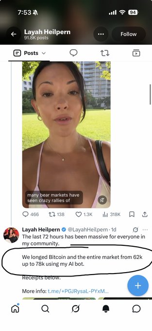 A Twitter screenshot shows Layah Heilpern (@Layah-Heilpern) with 91.8K posts, where she claims in a video that "many bear markets have seen crazy rallies of" before text overlays reveal she "longed Bitcoin and the entire market from 62k up to 78k using my AI bot." The post directly contradicts her public bearish statements, exposing the hypocrisy highlighted in the caption that accuses her of being long $BTC/$ETH while telling followers to be bearish for engagement.