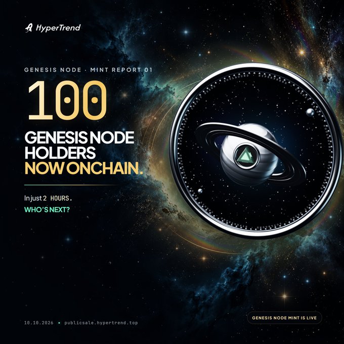 A promotional graphic for 'HyperTrend' announcing 'GENESIS NODE - MINT REPORT 01' celebrating 100 Genesis Node holders now on-chain, dated 10.10.2026.
