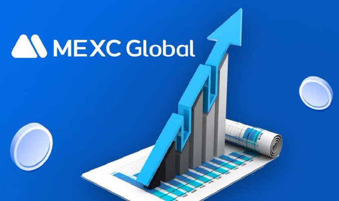 A blue 3D graphic displays the 'MEXC Global' logo alongside a rising blue arrow and bar chart, conveying financial growth. A rolled newspaper and stylized coin icons accent the design.