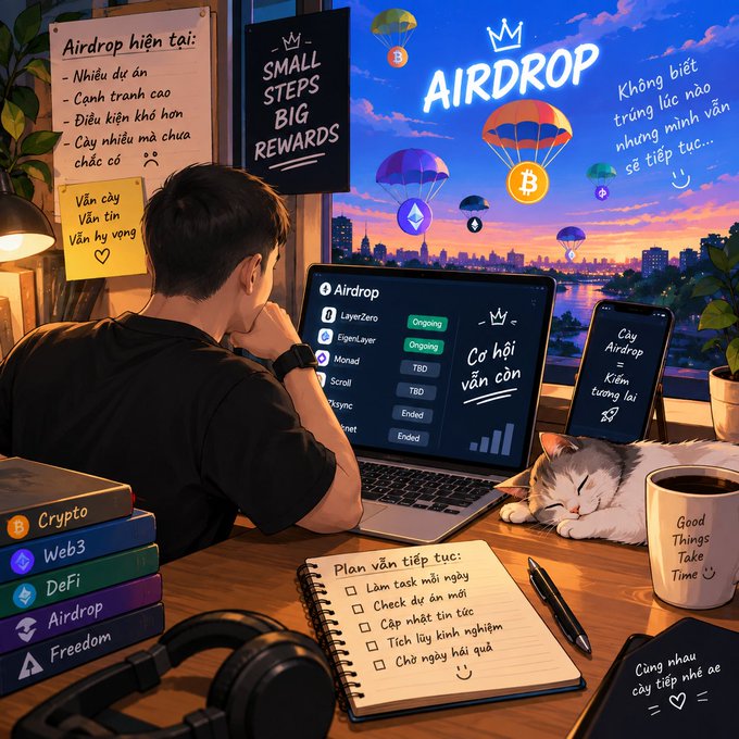 An illustration of a person at a desk with a laptop showing crypto airdrop opportunities, accompanied by a sleeping cat, coffee mug reading 'Good Things Take Time', and motivational notes.