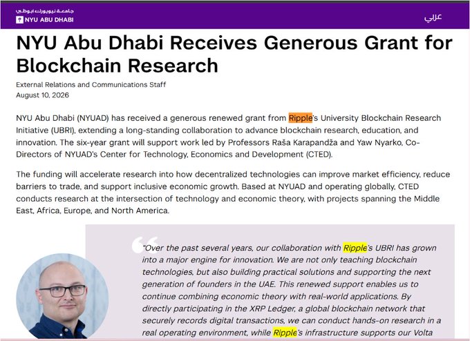 The image shows an NYU Abu Dhabi news article titled "NYU Abu Dhabi Receives Generous Grant for Blockchain Research," dated August 10, 2026, announcing a six-year renewed grant from Ripple's University Blockchain Research Initiative (UBRI) to support blockchain research led by Professors Raša Karapandža and Yaw Nyarko of NYUAD's Center for Technology, Economics and Development (CTED). A highlighted quote from one of the professors emphasizes how the Ripple-UBRI collaboration is supporting projects like the Volta Initiative in Ghana—a blockchain app helping smallholder farmers trade more efficiently—now expanding globally through participation in the XRP Ledger.