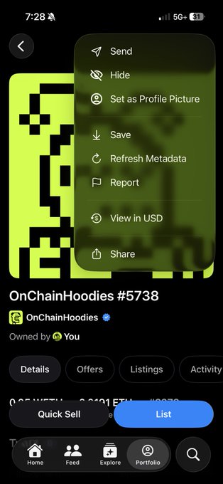 A mobile screenshot of an NFT listing page for "OnChainHoodies #5738" owned by the user, with a menu open showing options like Send, Hide, Set as Profile Picture, Save, Refresh Metadata, Report, View in USD, and Share.