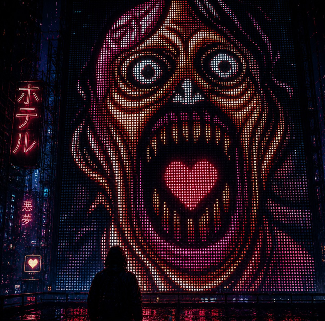 A hooded figure stands before a large illuminated digital billboard displaying a monstrous face with sharp teeth and a heart-shaped tongue, alongside Japanese text including 'ホテル' (hotel) and '悪夢' (nightmare).