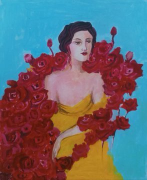 Stylized portrait painting of a woman with dark hair wearing a yellow dress, surrounded by vibrant red roses against a turquoise background.