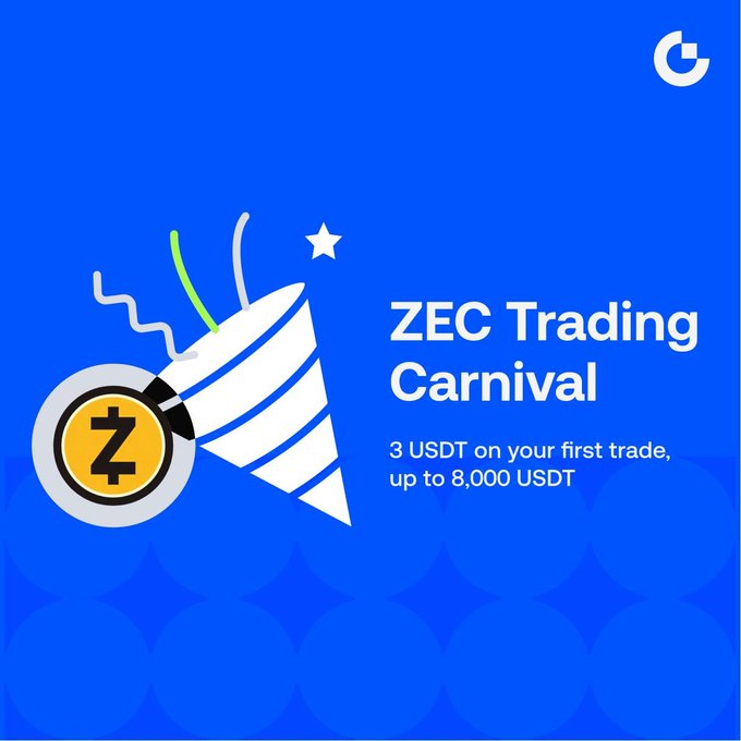 A blue promotional banner for the "ZEC Trading Carnival" advertises a futures event offering 3 USDT on the first trade and up to 8,000 USDT in rewards, featuring a party popper graphic with a Zcash (ZEC) coin illustration.