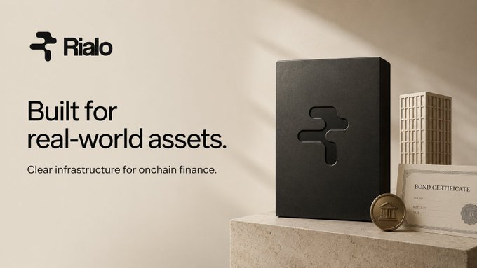A Rialto promotional image with the text "Built for real-world assets. Clear infrastructure for onchain finance," featuring a black branded box alongside a bond certificate and building models.