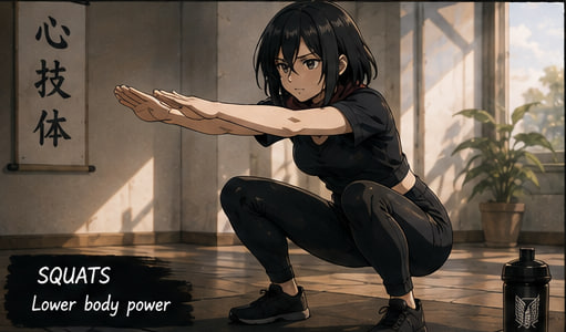 An anime-style girl with black hair squats in a dojo setting, demonstrating proper squat form with arms extended forward, alongside the text "SQUATS Lower body power" and "心技体" (Heart, Technique, Body). The image complements the "gm CT" post by embodying dedication and disciplined strength training to start the day with motivation.