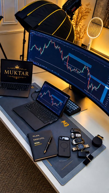 A luxury desk setup featuring a curved monitor displaying stock/crypto charts, a laptop with "MUKTAR" branding, an Apple Watch, and a notebook reading "PLAN. EXECUTE. WIN."