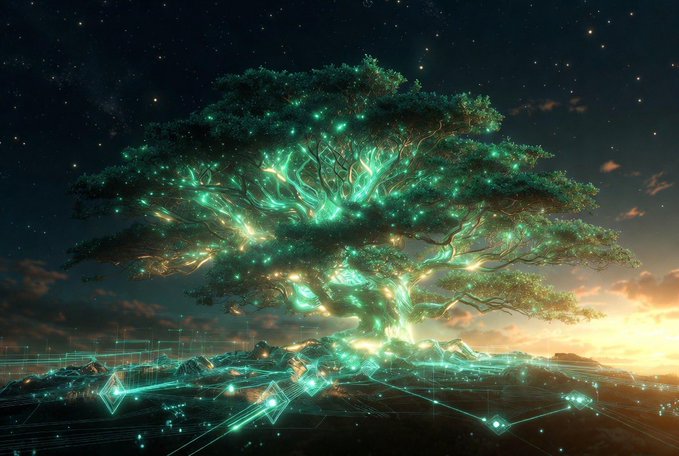 A mystical glowing tree with luminous green energy emanating from its branches and roots, set against a starry night sky with a networked circuit-like ground glowing beneath it.