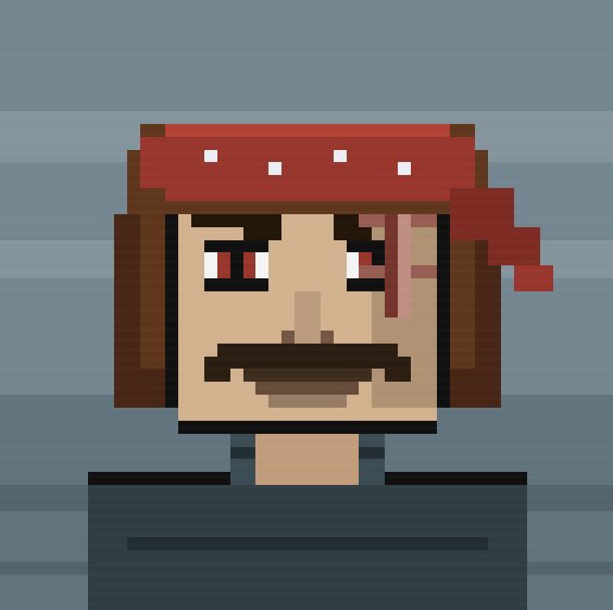A pixel art illustration depicts a blocky man with a mustache wearing a red bandana, reminiscent of a video game character.