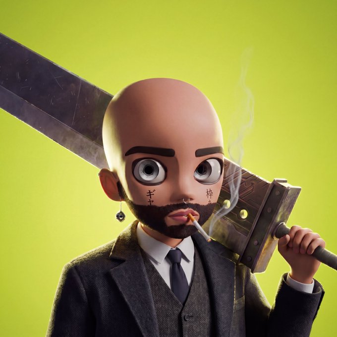 A 3D-rendered bald cartoon man with a beard, facial tattoos, and a nose ring, wearing a dark suit and tie while smoking a cigarette and carrying a large metal beam over his shoulder against a yellow background.