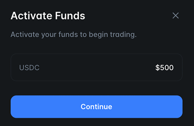 A modal titled "Activate Funds" appears, instructing the user to "Activate your funds to begin trading," with USDC $500 displayed above a "Continue" button. The image illustrates the post's claim about receiving and activating the $500 Combo Reward from Polymarket.
