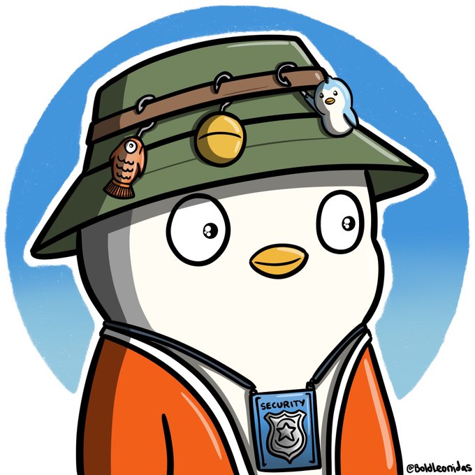 A cartoon drawing of a penguin-like character wearing a green bucket hat with fish charms, an orange jacket, and a 'SECURITY' badge, signed '@boldleonidas.'