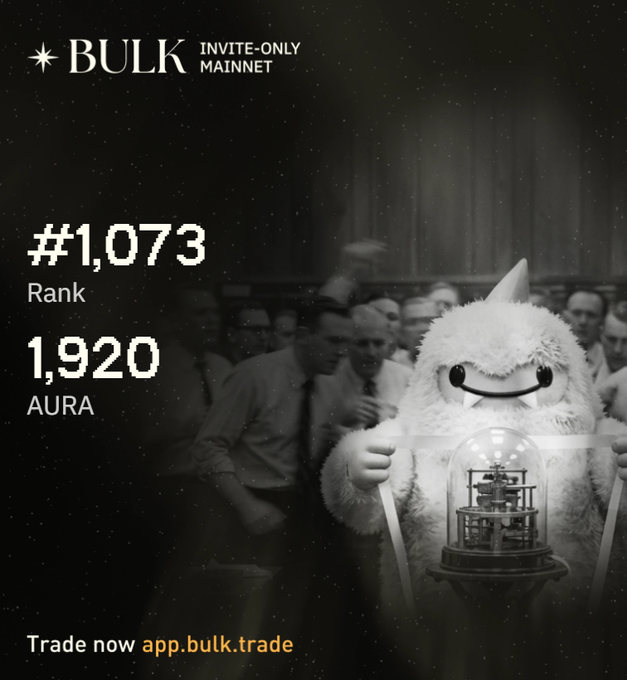 A black and white BULK invite-only mainnet promotional image featuring a fluffy white monster mascot holding a scientific apparatus, showing rank #1,073 and 1,920 AURA points with 'Trade now app.bulk.trade'.