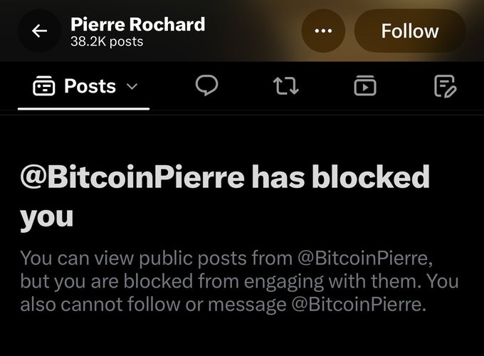 A screenshot of an X/Twitter profile page showing '@BitcoinPierre has blocked you' message for the account 'Pierre Rochard'.