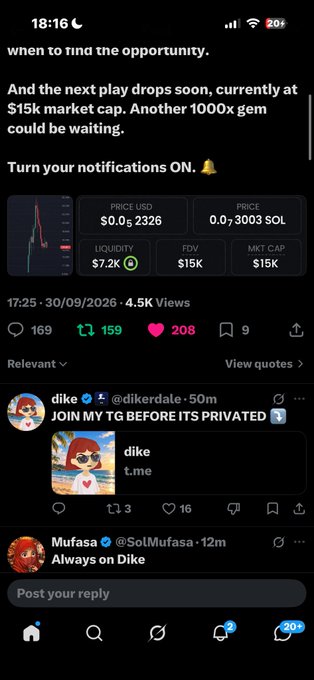 A screenshot of a Twitter/X crypto discussion showing a token at $0.0...2326 with $7.2K liquidity and $15K market cap, where user "dike" is advertising a private Telegram group while another user named "Mufasa" replies requesting a winning trade and shares a Solana wallet address (BakyXRTtW2cdivHrqoENQhSfaMjGLRgDudV8QSBGcKNf) hoping for a payout.