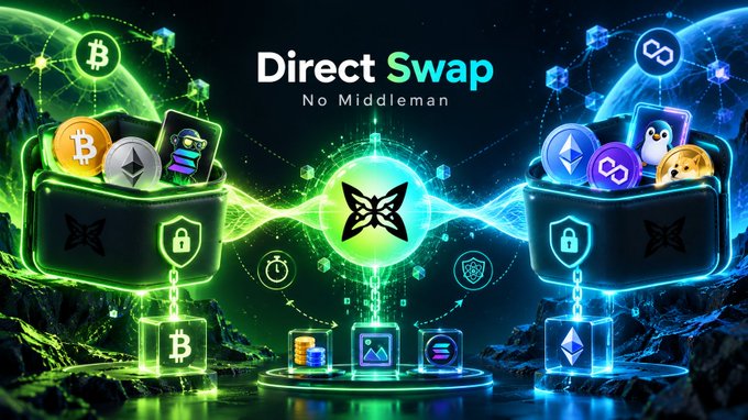 A digital graphic advertising 'Direct Swap - No Middleman' cryptocurrency exchange services, featuring Bitcoin, Ethereum, and other crypto tokens with a butterfly logo.