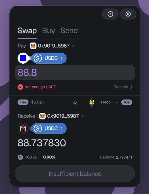 A cryptocurrency swap interface on Squid Router shows a user attempting to trade 88.8 USDC for 88.737830 USDC on the MANTRA chain (wallet 0x90f9...5987), but receives an "Insufficient balance" / "Not enough USDC" error due to a zero source balance. The image illustrates a failed transaction attempt, highlighting a usability issue when bridging assets into the MANTRA ecosystem via Squid Router.