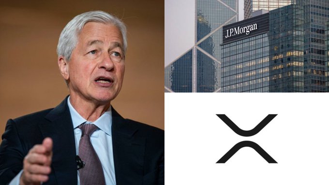 A split image featuring JPMorgan CEO Jamie Dimon speaking alongside the company's corporate skyscraper and the XRP logo, visually representing the bank's milestone of nearing a $1 trillion valuation while settling tokenized U.S. Treasuries on the XRP Ledger.