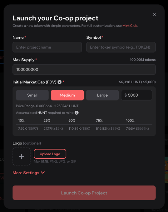 A dark-themed web interface titled 'Launch your Co-op project' displays token creation fields including Name, Symbol, Max Supply (100000000), Initial Market Cap options, and an 'Upload Logo' section with a 'Launch Co-op Project' button at the bottom.