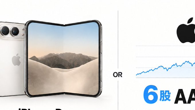 A promotional graphic showing a foldable iPhone concept next to the Apple logo, an upward-trending stock chart, and the text 'OR 6股 AP'.