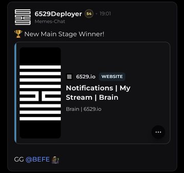A Discord notification screenshot from '6529Deployer' in 'Memes-Chat' announcing 'New Main Stage Winner!' for 6529.io with the link brain.6529.io.