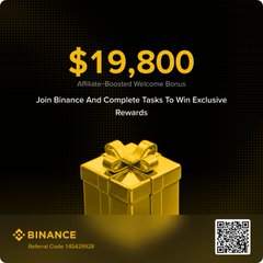 A Binance promotional advertisement offering an '$19,800 Affiliate-Boosted Welcome Bonus' for completing tasks, featuring a gold gift box and a QR code on a black background.
