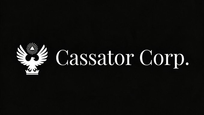 The image displays a logo for "Cassator Corp." featuring a stylized white eagle emblem alongside the company name in elegant serif font on a black background. This appears to be the branding of @cassator, the company mentioned in the post as integrating XRPL infrastructure into Sl8 Social for the XRP community.