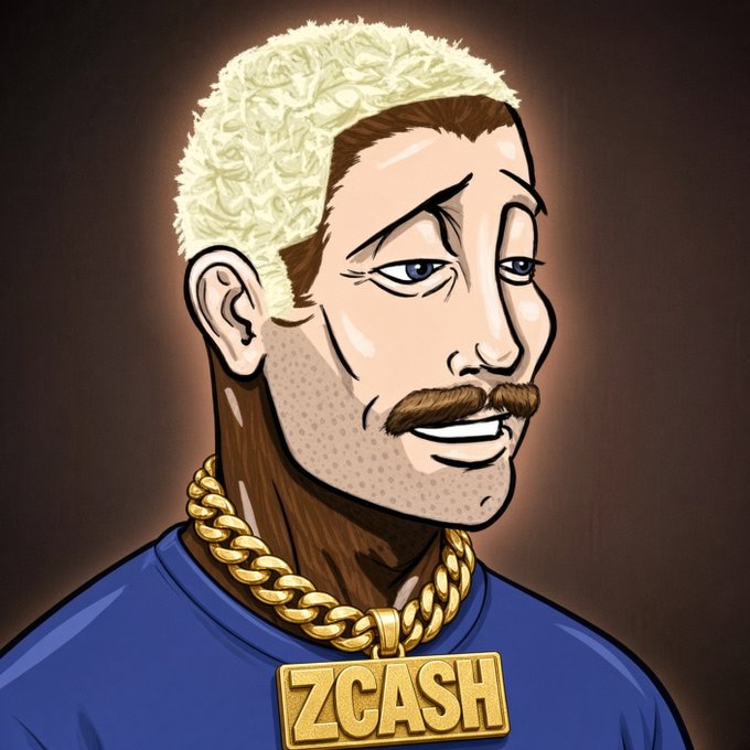 A cartoon-style portrait of a blonde man with a mustache wearing a large gold "ZCASH" chain necklace complements the NFT mint announcement, visually tying the artwork to the Zcash blockchain collection.