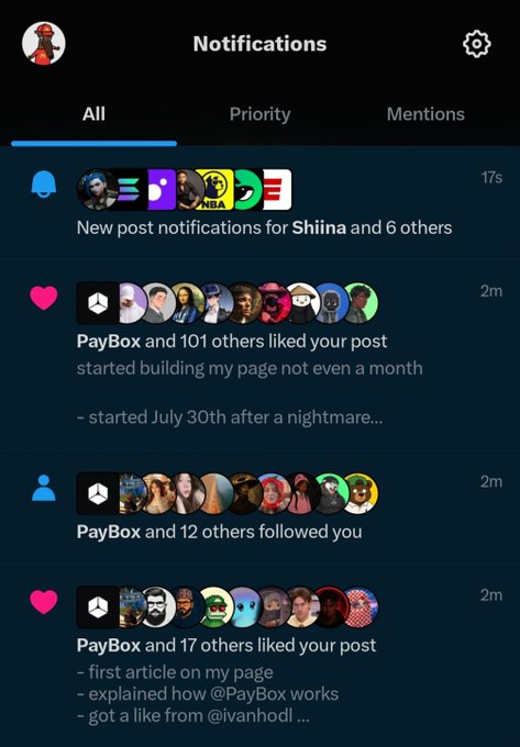 A Twitter/X notifications screen showing alerts for new posts, likes, and follows related to "Shiina" and "PayBox" users with timestamps like "17s" and "2m".