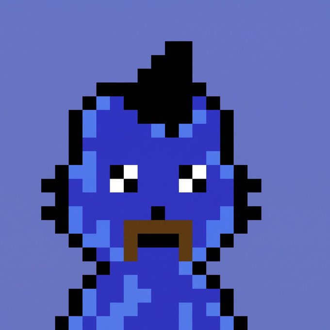 A blue, pixelated, teardrop-shaped NFT character with a black pointed top and sad eyes is displayed on a light blue background, representing "MewronCats" as referenced in the giveaway post offering a 20X guaranteed prize and an 8X OG free mint.