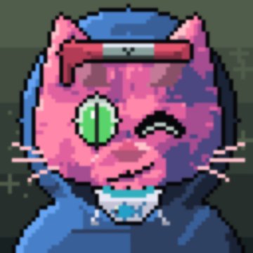 A pixel art pink cat wearing a blue hood and holding a crowbar winks playfully. The image relates to the post as a fun, meme-style visual accompaniment to the question about purchasing either a Hashcats or Project Mars NFT.