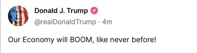 A tweet from Donald J. Trump (@realDonaldTrump) reading 'Our Economy will BOOM, like never before!'