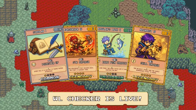 A pixel art game screen displays four Estova Genesis whitelist (WL) NFT cards with varying rarities—Common, Legendary, and Legendary—each featuring distinct stats like "Mobile HP," "Sts Damage," "Rare Fish Change," and "Stil Damage," with a banner reading "WL CHECKER IS LIVE!" announcing the whitelist verification tool mentioned in the post.