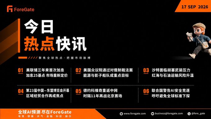 A ForeGate news graphic dated '17 SEP 2026' titled '今日热点快讯' (Today's Hot News) featuring six headlines about the Fed rate hike, US Congress Russian oil sanctions, Red Sea/Persian Gulf shipping risks, the 23rd China-ASEAN Expo, Germany re-entering China with a 11-car Beijing convoy, and a UN Security Council AI emergency summit statement.