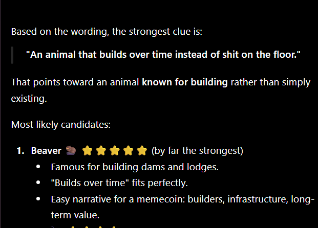 Dark-themed analysis text identifying 'Beaver' as the strongest candidate for an animal-based memecoin, explaining how it builds dams over time rather than existing passively.