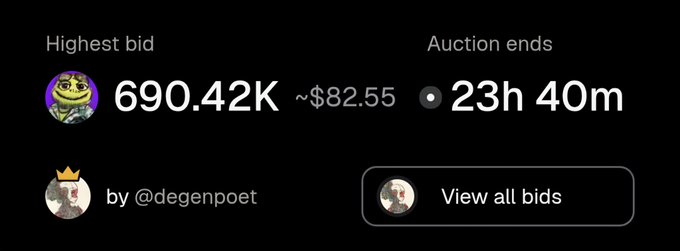An NFT auction interface displays a highest bid of 690.42K (~$82.55) by @degenpoet, with 23h 40m remaining.