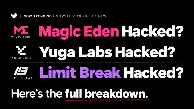 The image is a thumbnail-style graphic with a black background highlighting trending NFT hack news, featuring the logos and names "Magic Eden Hacked?", "Yuga Labs Hacked?", and "Limit Break Hacked?" in pink, white, and purple text, with "Here's the full breakdown" written below.

It relates to the post by visually consolidating the scattered NFT hacking headlines into a single frame, teasing that despite appearing to be separate incidents, they all stem from the same underlying news event.