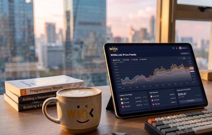 The image shows a tablet displaying WINkLink Price Feeds that showcase BTC/USD, ETH/USD, and TRX/USD. A mug with "WINk" printed on it and books about decentralized technology also feature in the scene, alluding to the context of securing decentralized systems.
