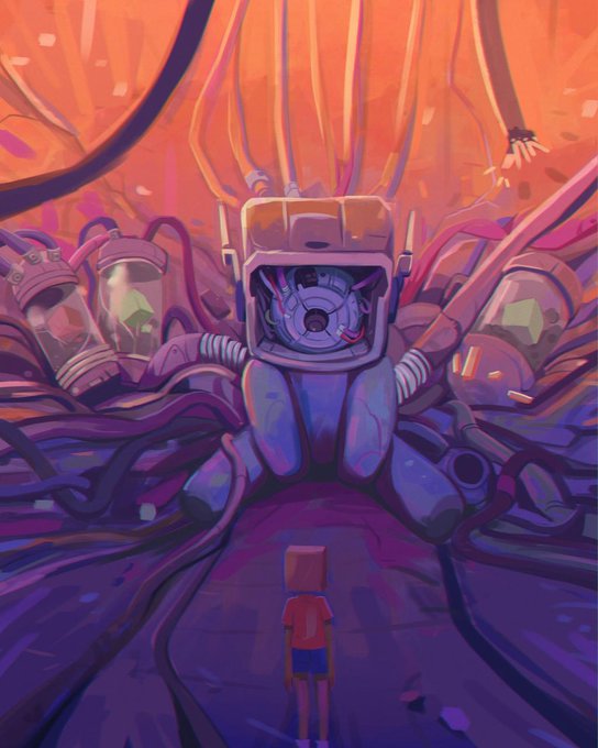 A digital illustration showing a small figure in a red shirt standing before a large mechanical structure with tendrils and tubes, set in a purple and orange environment.