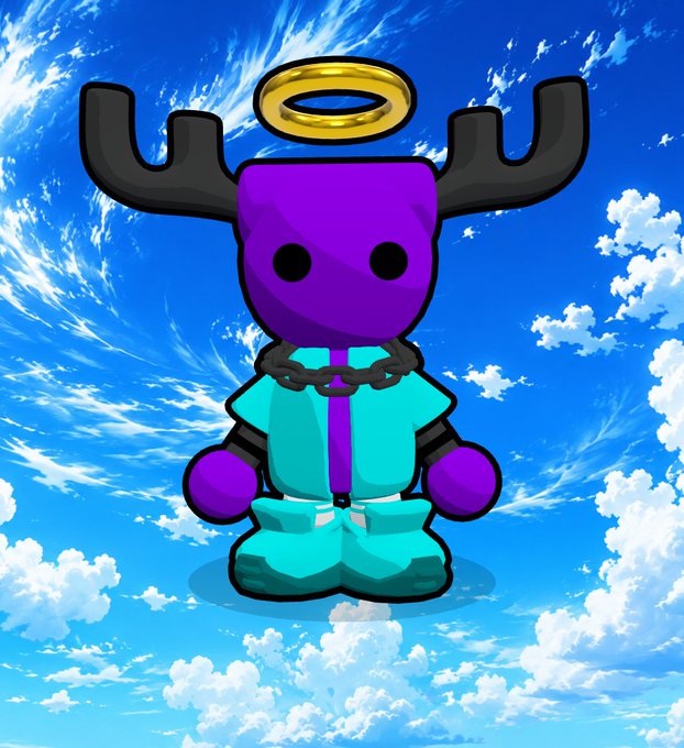An animated character with a purple head, dark antlers, and a gold halo, wearing a light blue outfit with purple accents, set against a sky background.