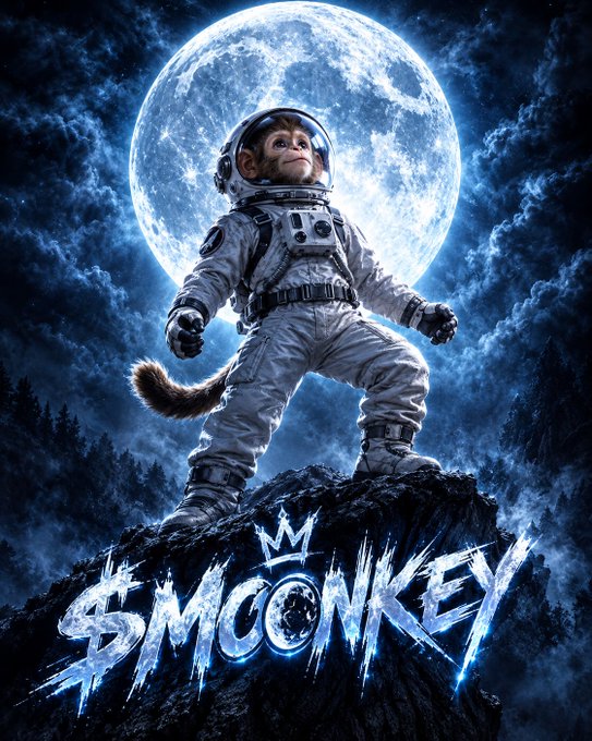 A movie poster showing a monkey in an astronaut suit standing on a rocky surface with a full moon in the background, titled '$MONKEY'.