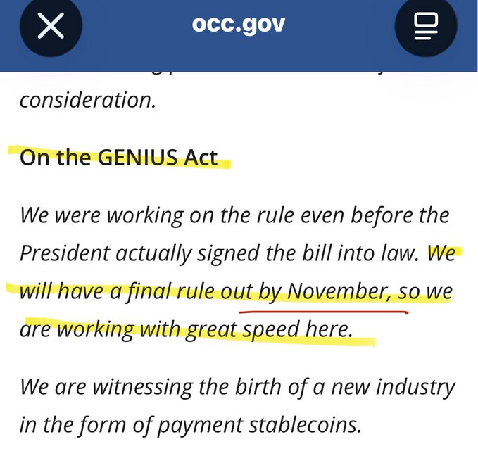 A screenshot from occ.gov showing a statement about the GENIUS Act, with highlighted text noting that regulators "will have a final rule out by November" for payment stablecoins. The image relates to the post by illustrating the rapid pace of stablecoin regulatory development in the U.S., paralleling the upcoming capital rule decisions by OSFI in Canada and for G-SIBs, as both reflect the accelerating regulatory framework shaping the emerging payment stablecoin industry.